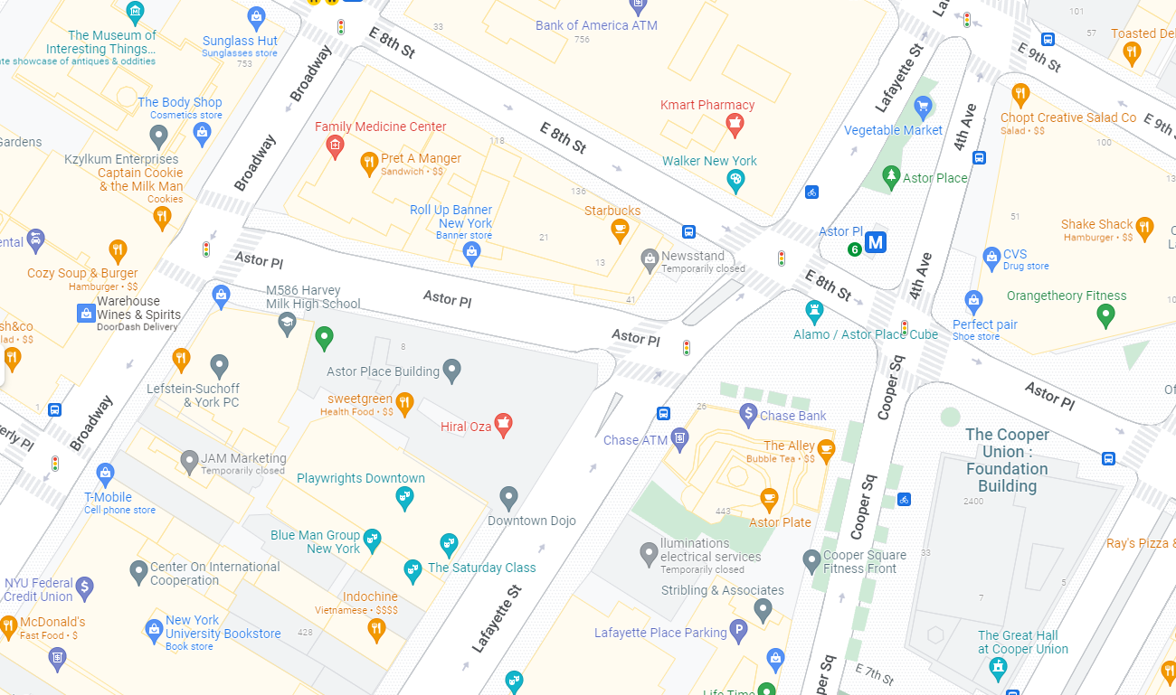Map of Manhattan Astor Place location at the corner of Astor Place and Lafayette Street